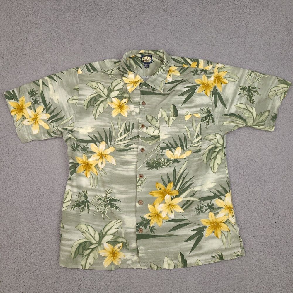 Vintage‎ Tommy Bahama Shirt Mens Large Green Floral Hawaiian Button Up Rayon